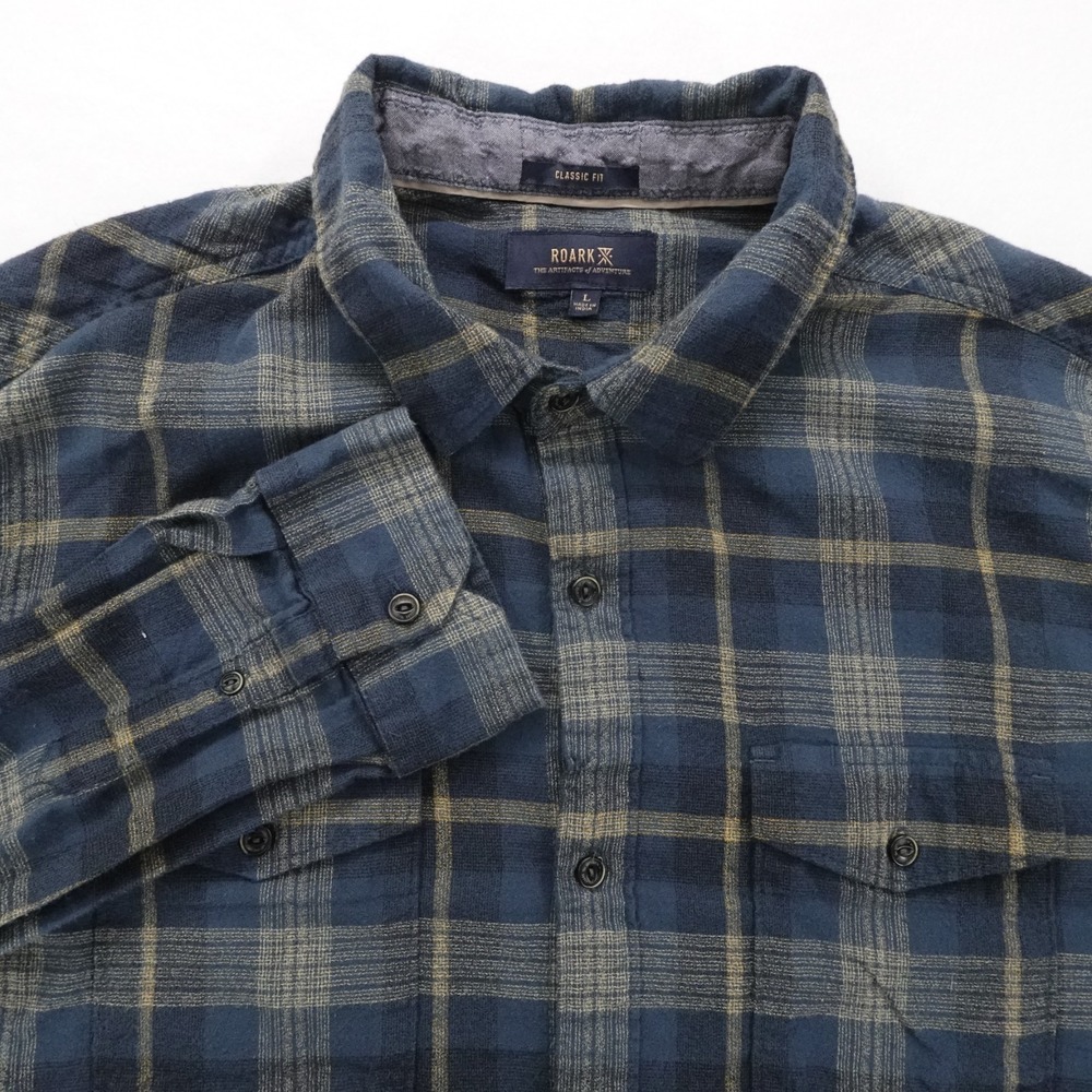 Roark Shirt Mens L Blue Plaid Classic Fit Cotton Utility‎ Flannel Casual Pockets
